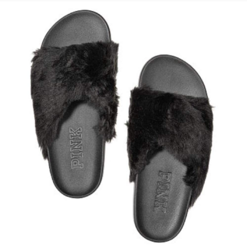 Vs pink criss cross faux fur slides black